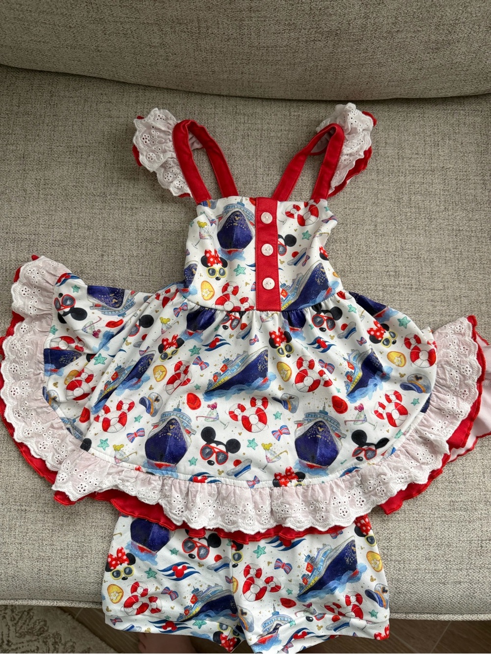 Girls Red Nautical Ruffle Matching Set - Cute Summer Outfit